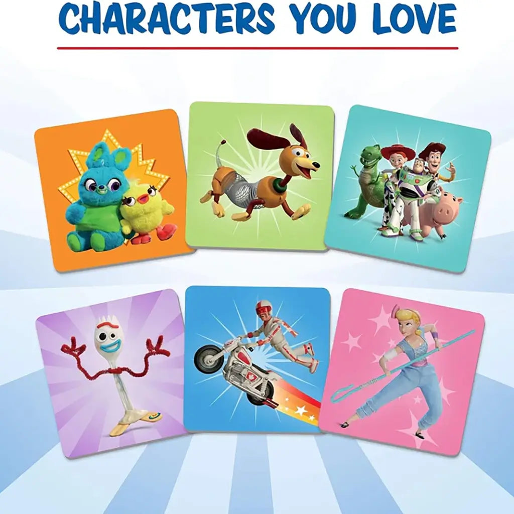 Toy Story 4 Matching Game character tiles include Ducky, Bunny, Slinky Dog, Rex, Woody, Buzz Lightyear, Forky, Duke Caboom, and Bo Peep, all on colorful square backgrounds.