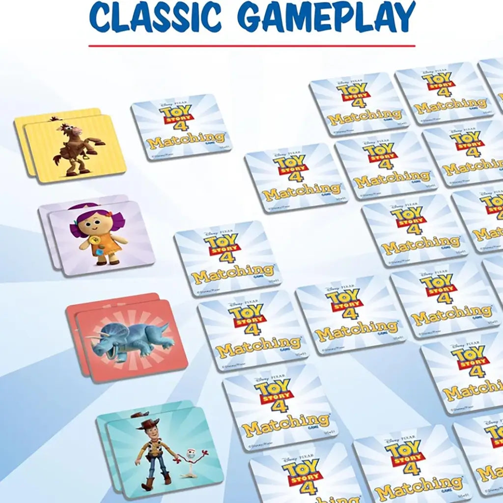 Toy Story 4 Matching Game sturdy square tiles are arranged face down with a few flipped showing Bullseye, Dolly, Woody, Forky, and Trixie, highlighting classic memory gameplay.