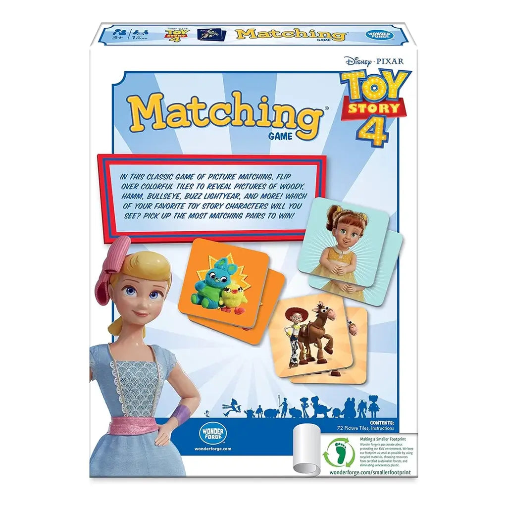 Disney Pixar Toy Story 4 Matching Game box back shows Bo Peep with colorful square tiles featuring characters like Jessie, Bullseye, and Ducky, set on a blue striped background.