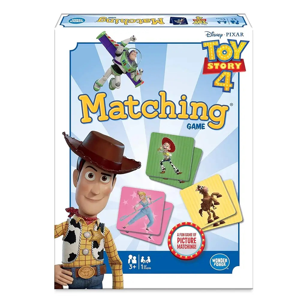 Disney Pixar Toy Story 4 Matching Game box front displays Woody, Buzz Lightyear, and Jessie with bright character tiles, designed for ages 3 and up, emphasizing fun picture-matching gameplay.