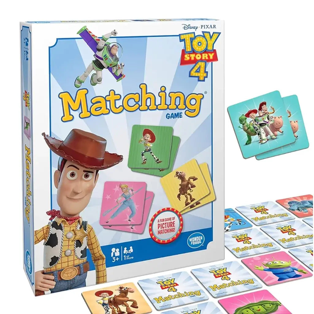 Disney Pixar Toy Story 4 Matching Game box and scattered tiles show Woody, Bo Peep, Jessie, Bullseye, and other familiar characters, highlighting colorful, family-friendly gameplay.