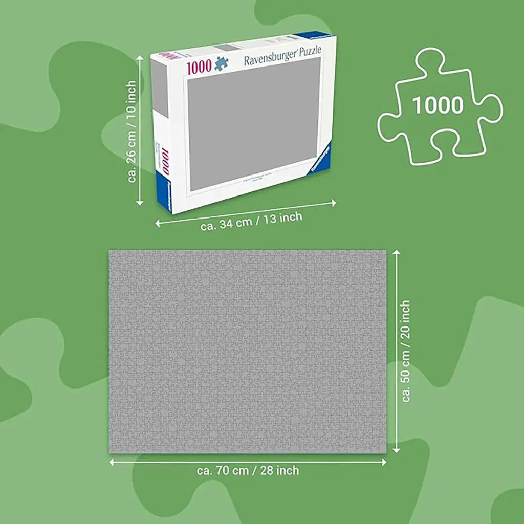 Ravensburger 1000-piece puzzle dimension chart showing box size of 34x26 cm and completed size of 70x50 cm, with durable Softclick technology for precise and smooth assembly.