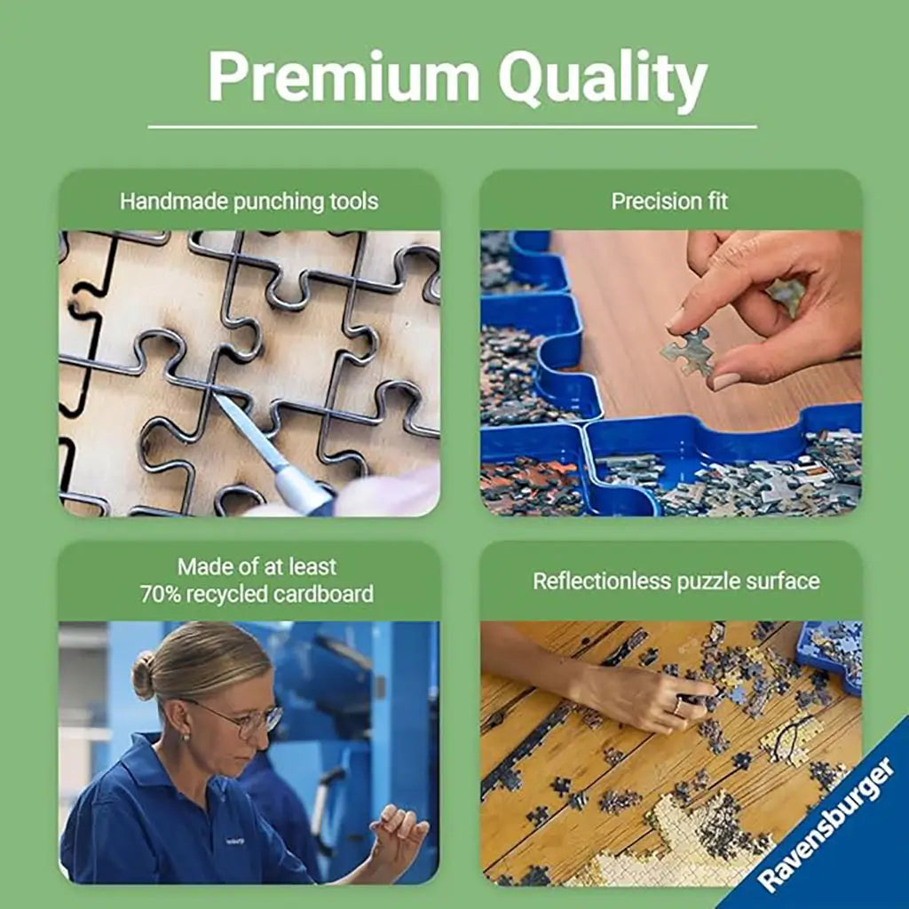 Ravensburger premium quality puzzle production details highlighting recycled cardboard, precision cutting, reflection-free surface, and long-lasting handmade craftsmanship.