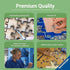 Ravensburger premium quality puzzle production details highlighting recycled cardboard, precision cutting, reflection-free surface, and long-lasting handmade craftsmanship.