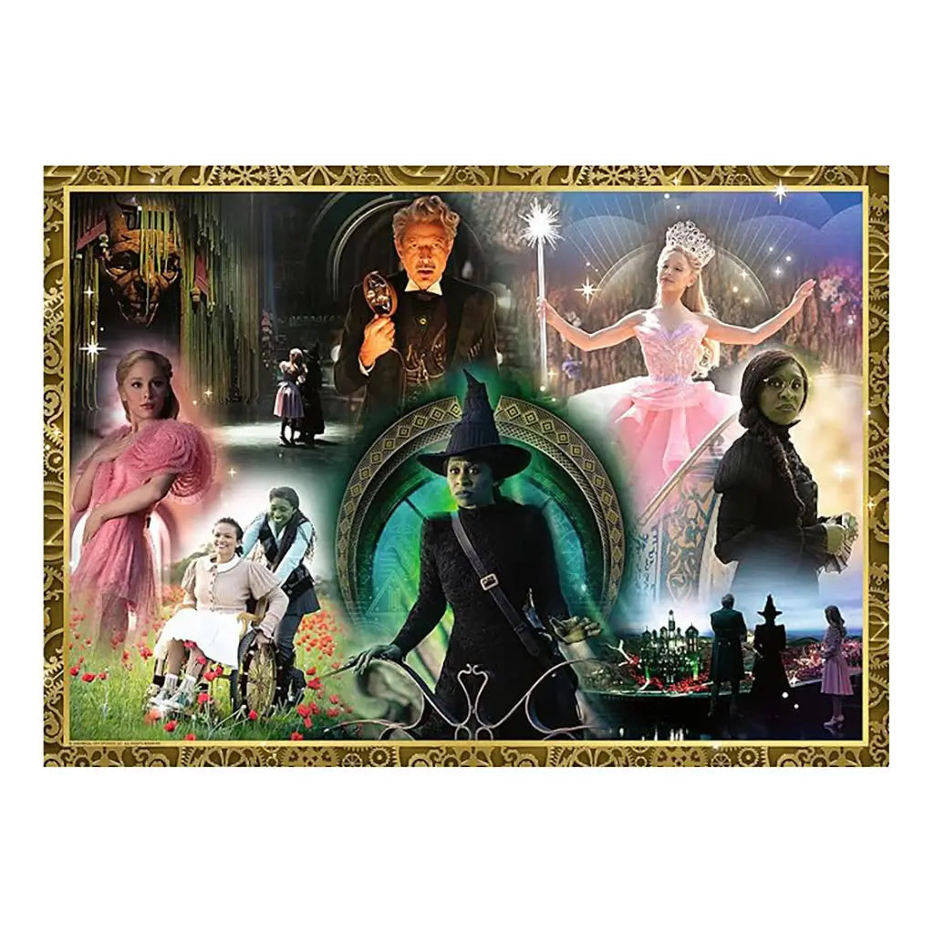 Completed Ravensburger Wicked puzzle image featuring characters, witches, and magical scenes from the musical, framed in ornate gold detailing with emerald green accents.