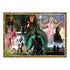 Completed Ravensburger Wicked puzzle image featuring characters, witches, and magical scenes from the musical, framed in ornate gold detailing with emerald green accents.