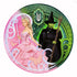 Round Ravensburger Wicked puzzle design depicts Glinda in a glittery pink ballgown with tiara and wand standing beside Elphaba in black with green skin, staff, and pointed witch hat.