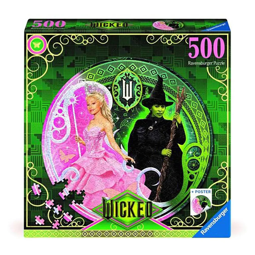 Ravensburger Wicked 500-piece puzzle box shows a circular design with Glinda in a pink sparkling gown holding a wand beside Elphaba in a black dress and pointed hat holding a staff.