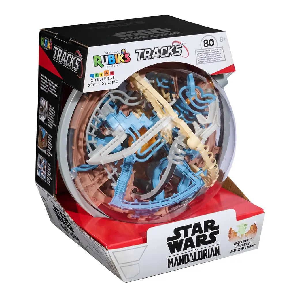 Rubik’s Tracks Star Wars The Mandalorian puzzle packaging features a black and red retail box with clear window displaying the blue and tan 3D gravity maze sphere inside.