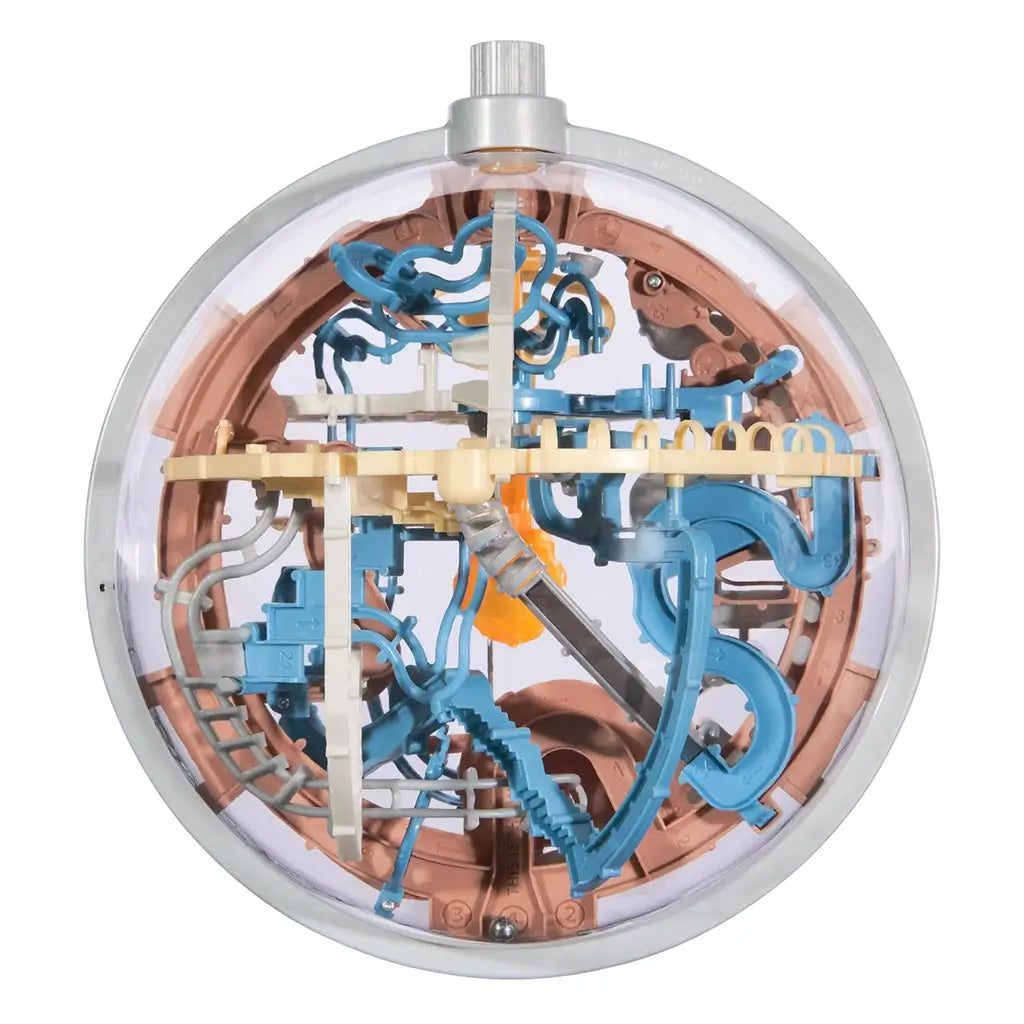 Star Wars Mandalorian 3D gravity maze top view reveals a transparent spherical shell with layered blue rails, tan platforms, copper ring track, and central orange column mechanism.