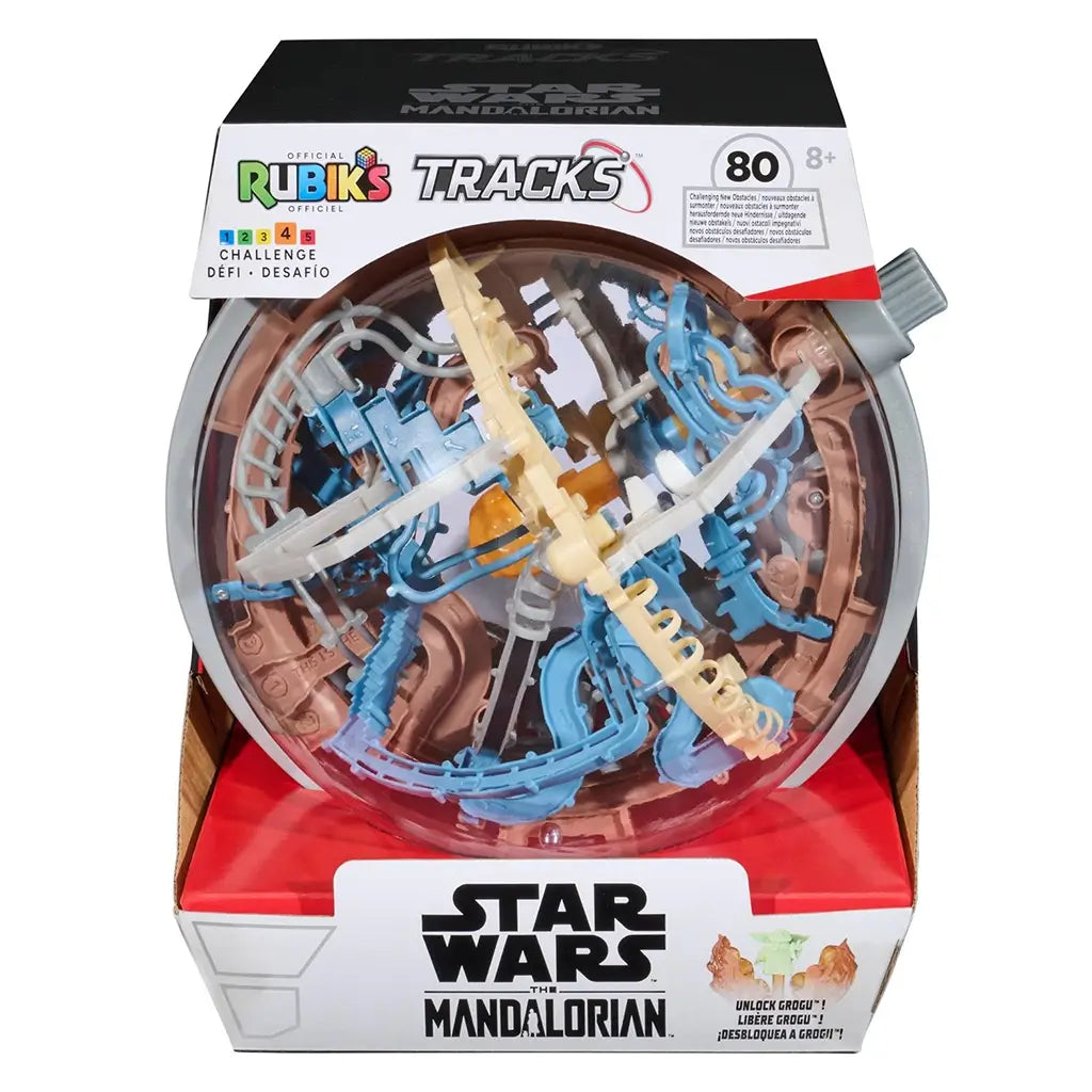 Rubik’s Tracks Star Wars The Mandalorian 3D gravity maze features a clear plastic spherical puzzle with blue, tan, and copper tracks, enclosed in branded retail packaging on a white background.
