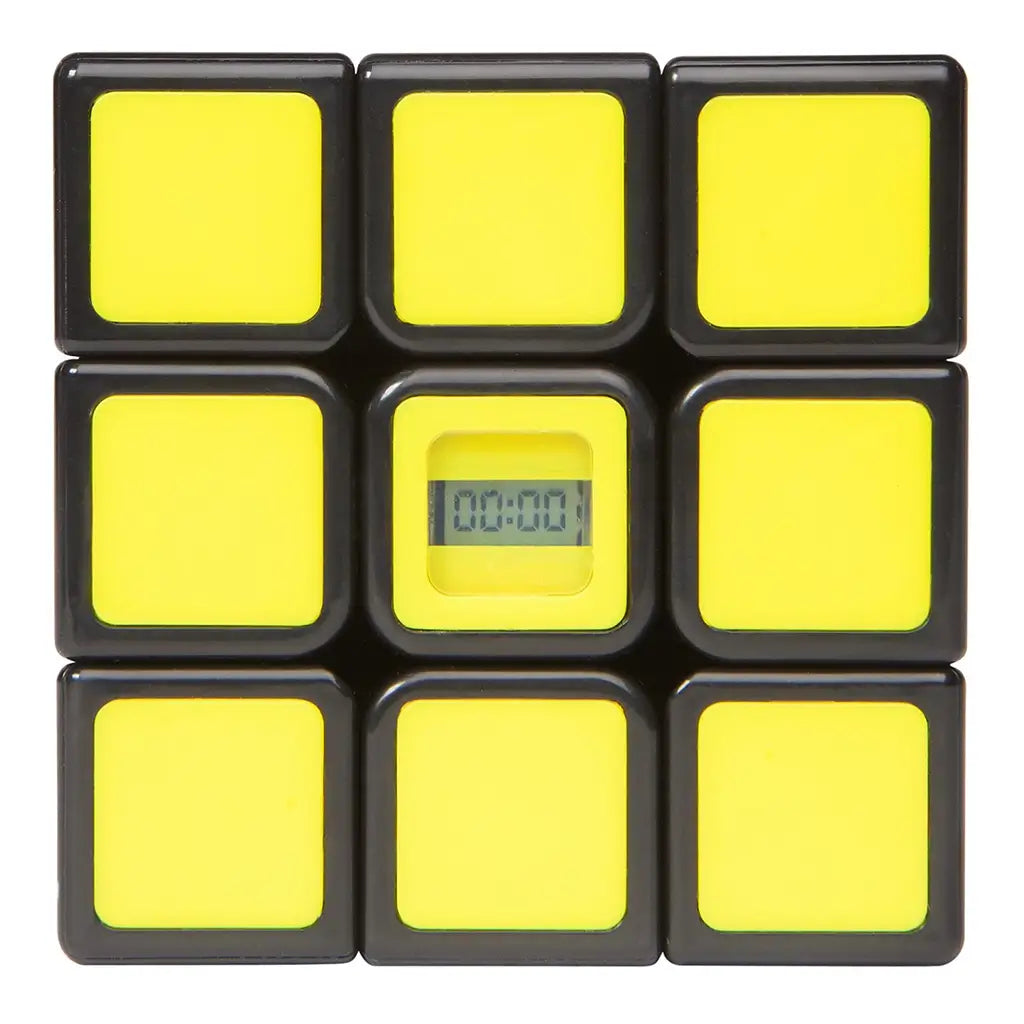 Rubik’s Timer Cube with built-in digital timer features a black plastic 3x3 cube with bright yellow tiles and a small LCD display in the center, designed for speedcubing practice.