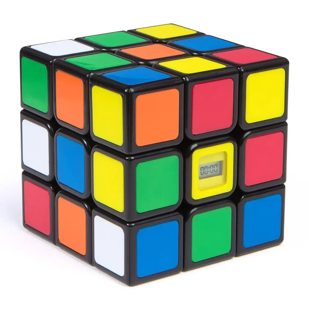 Rubik’s Timer Cube speed cube displays a black glossy 3x3 body with multicolor tiles including yellow, green, blue, red, orange, and white, plus a built-in LCD timer module.