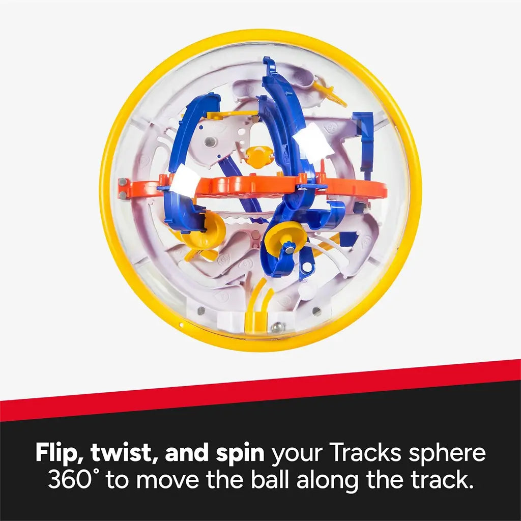 Rubik’s Tracks 100 obstacles maze ball shows a transparent plastic sphere with yellow ring and blue, orange, and white track system, demonstrating 360-degree flip and twist gameplay.