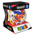 Rubik’s Tracks 100 obstacles 3D gravity maze features a clear plastic spherical puzzle with blue, orange, yellow, and white tracks, displayed in black and red retail packaging on a white background.
