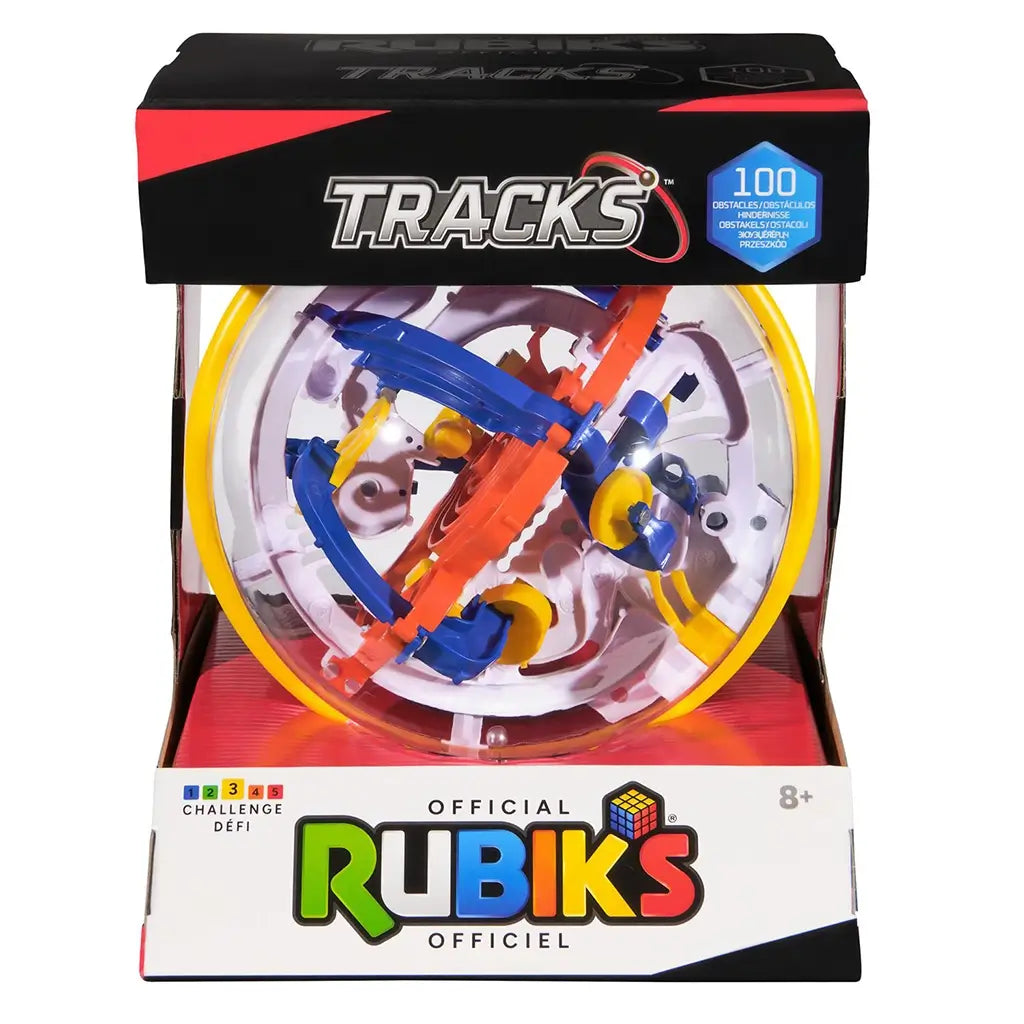 Rubik’s Tracks 3D gravity maze features a transparent plastic globe with bright blue rails, orange spiral center, yellow chutes, and white supports, designed as a handheld balance puzzle.