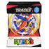 Rubik’s Tracks 3D gravity maze features a transparent plastic globe with bright blue rails, orange spiral center, yellow chutes, and white supports, designed as a handheld balance puzzle.
