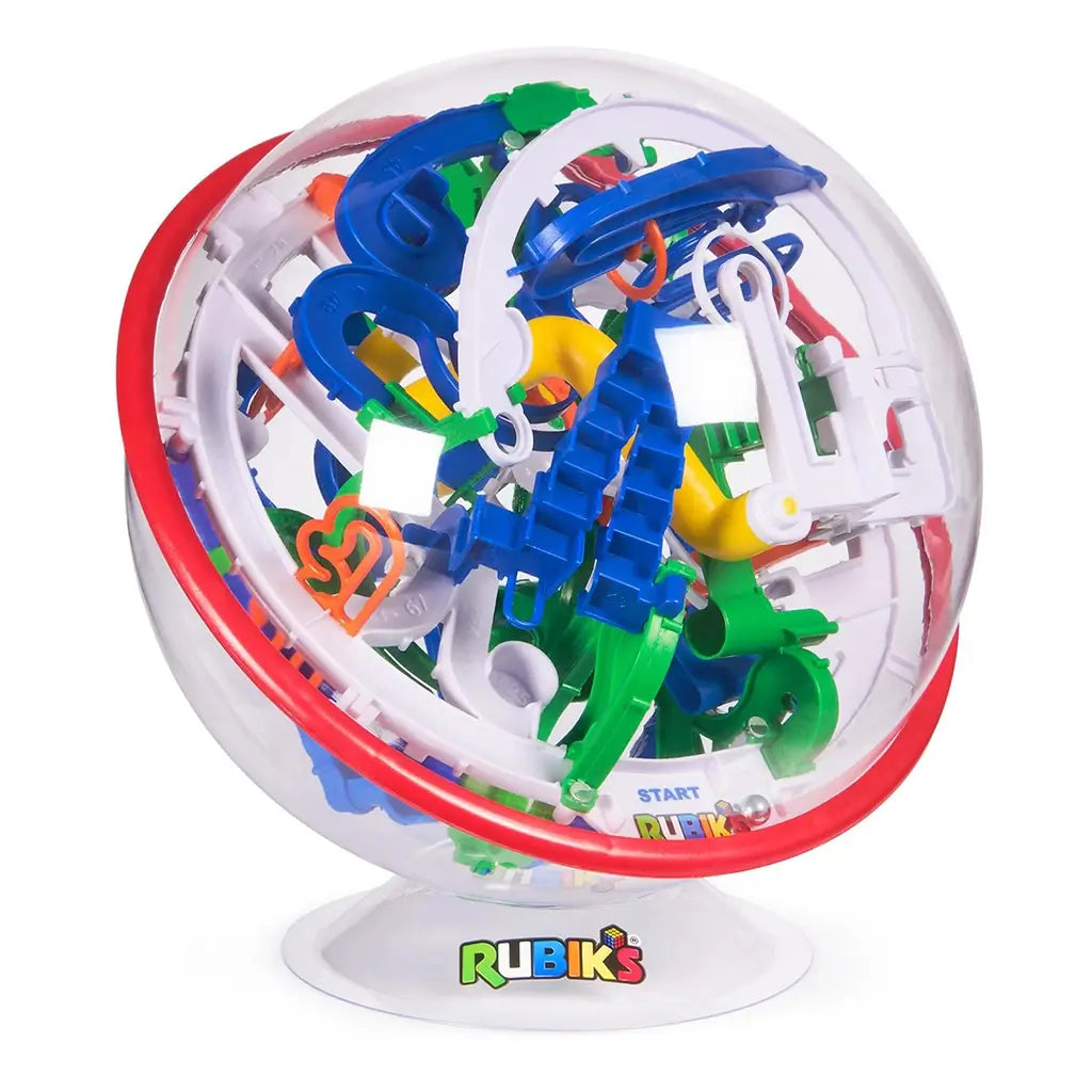 Rubik’s Tracks 3D maze ball features a clear plastic globe with red equator ring and intricate blue ramps, green hoops, white supports, and yellow chute inside a challenging gravity puzzle.