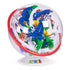 Rubik’s Tracks 3D maze ball features a clear plastic globe with red equator ring and intricate blue ramps, green hoops, white supports, and yellow chute inside a challenging gravity puzzle.