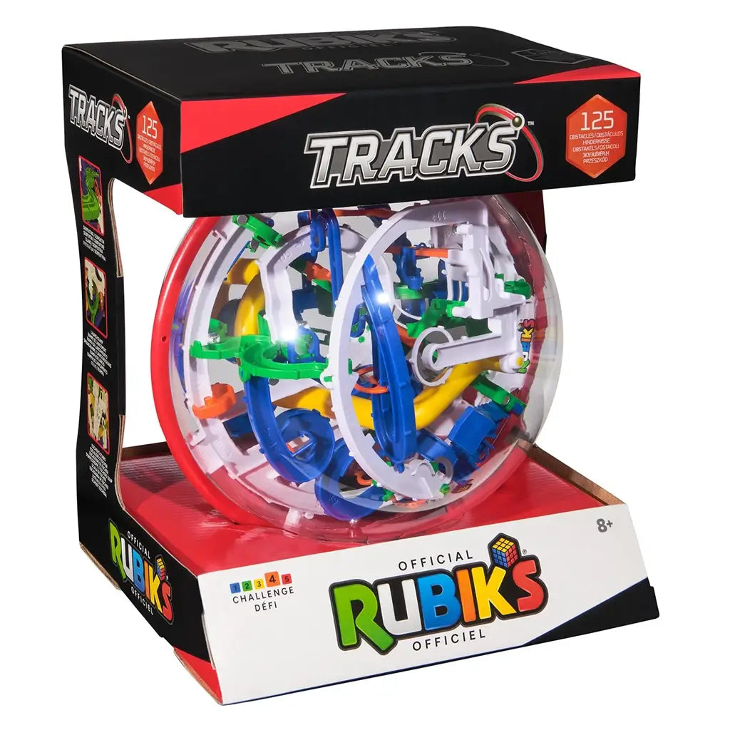 Rubik’s Tracks 125 obstacles puzzle packaging features a black and red retail box with clear window showcasing the multicolor 3D gravity maze sphere and Official Rubik’s branding.