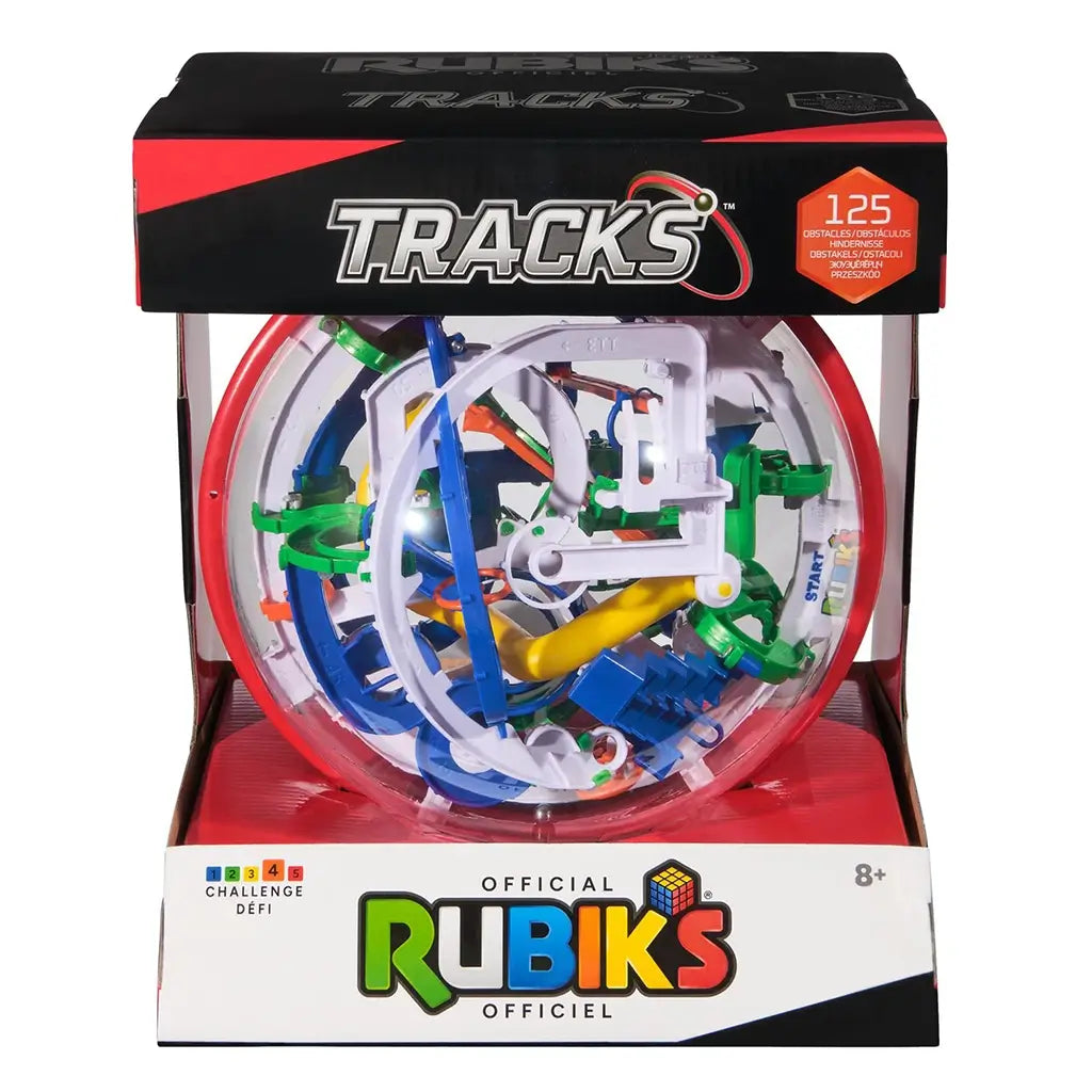 Rubik’s Tracks 125 obstacles 3D gravity maze features a clear plastic spherical puzzle with blue, green, yellow, white, and orange tracks, displayed in black and red retail packaging on a white background.