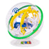 Rubik’s Tracks gravity maze front view presents a transparent spherical casing with green band and interlocking yellow ramps, blue loops, and white frames on a white display base.