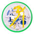 Rubik’s Tracks 70 obstacles top view shows a clear plastic globe with circular green rim and layered yellow bridges, blue curves, and white channels arranged in a compact 3D maze.