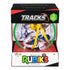 Rubik’s Tracks 70 obstacles 3D gravity maze features a clear plastic spherical puzzle with green outer ring and yellow, blue, and white tracks, displayed in black and red retail packaging.