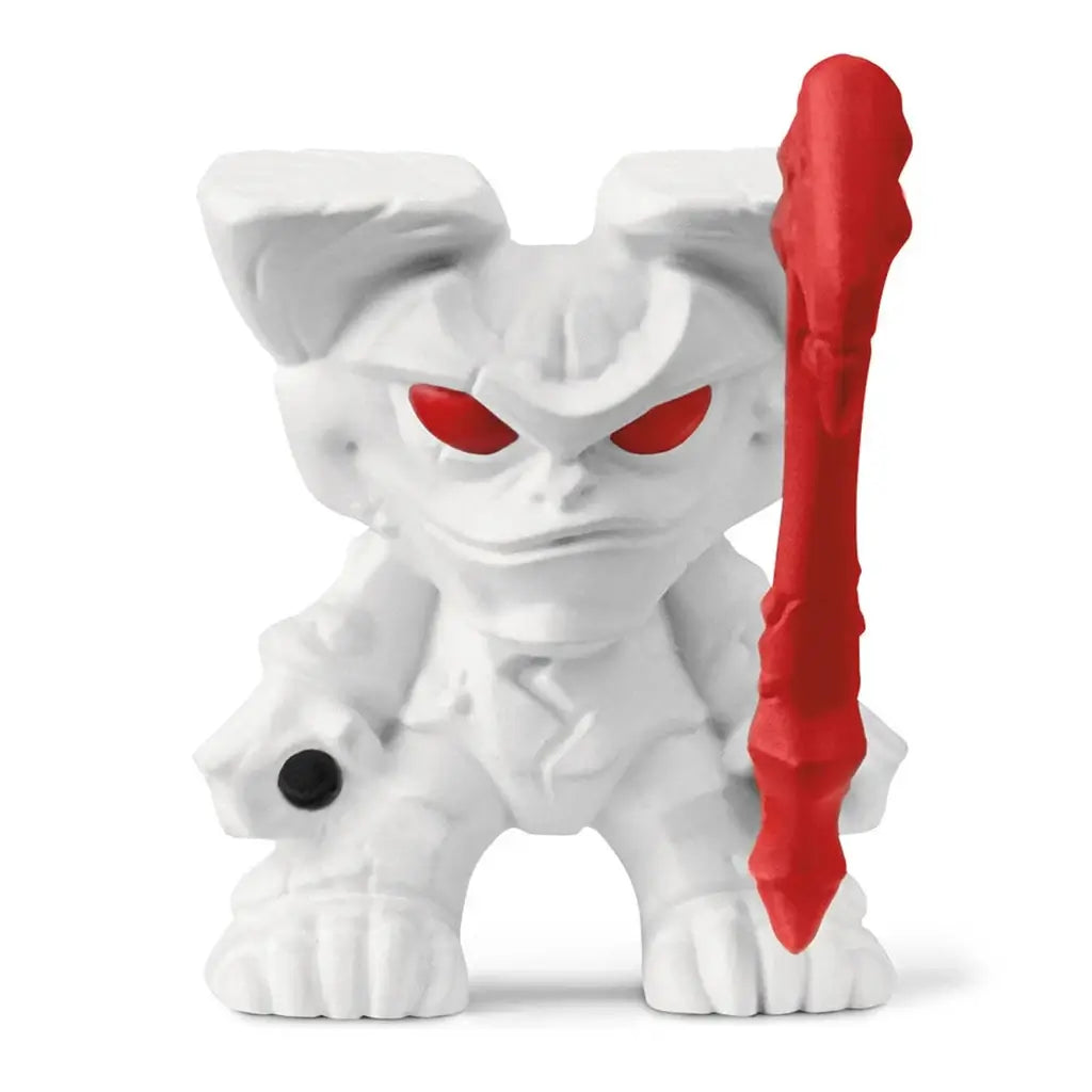 Schleich Eldrador mini creature figure molded in white plastic with angular fantasy styling, red eyes, clawed feet, and a red staff accessory, designed to interact with the Eldrador catapult playset on a white background.