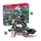 Schleich Eldrador catapult playset features dark gray rock-textured plastic, rugged wheeled vehicle form, hinged throwing arm, colorful crystal accents, and a white mini creature figure, shown with retail packaging on a white background.