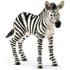 Schleich zebra foal figurine featuring white and black painted stripes, textured hard plastic surface, realistic standing pose, and detailed mane and hooves, designed as a small scale wildlife toy on a clean white background.