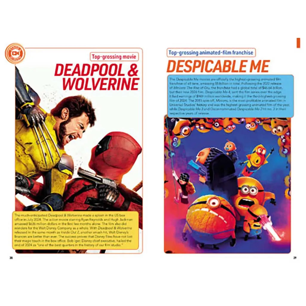 Glossy movie-record spread with vivid comic-style heroes clashing on left and colorful animated minions on right, set against clean white and blue layouts highlighting top-grossing film achievements.