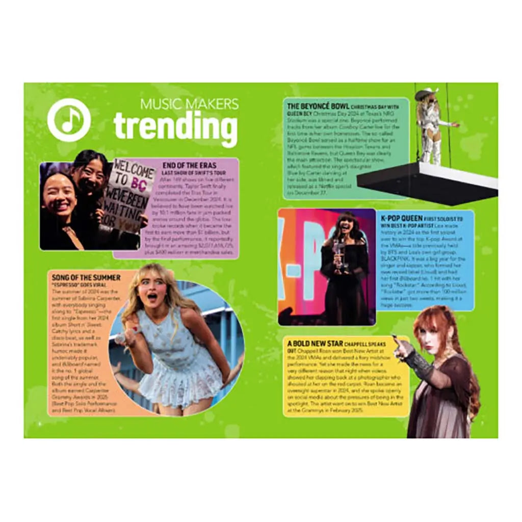 Vibrant music-trends spread with multicolor panels on green textured page showing concert crowds, award stage moments and energetic performer portraits arranged around short news blurbs.