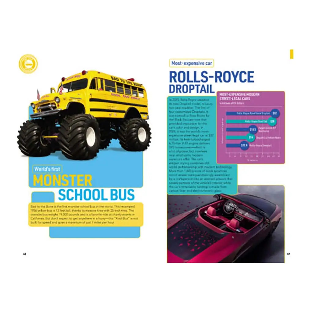 Bright yellow lifted monster school bus with oversized tires shown beside sleek red-and-black Rolls-Royce roadster infographic on clean white page contrasting extreme vehicle records.