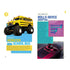 Bright yellow lifted monster school bus with oversized tires shown beside sleek red-and-black Rolls-Royce roadster infographic on clean white page contrasting extreme vehicle records.
