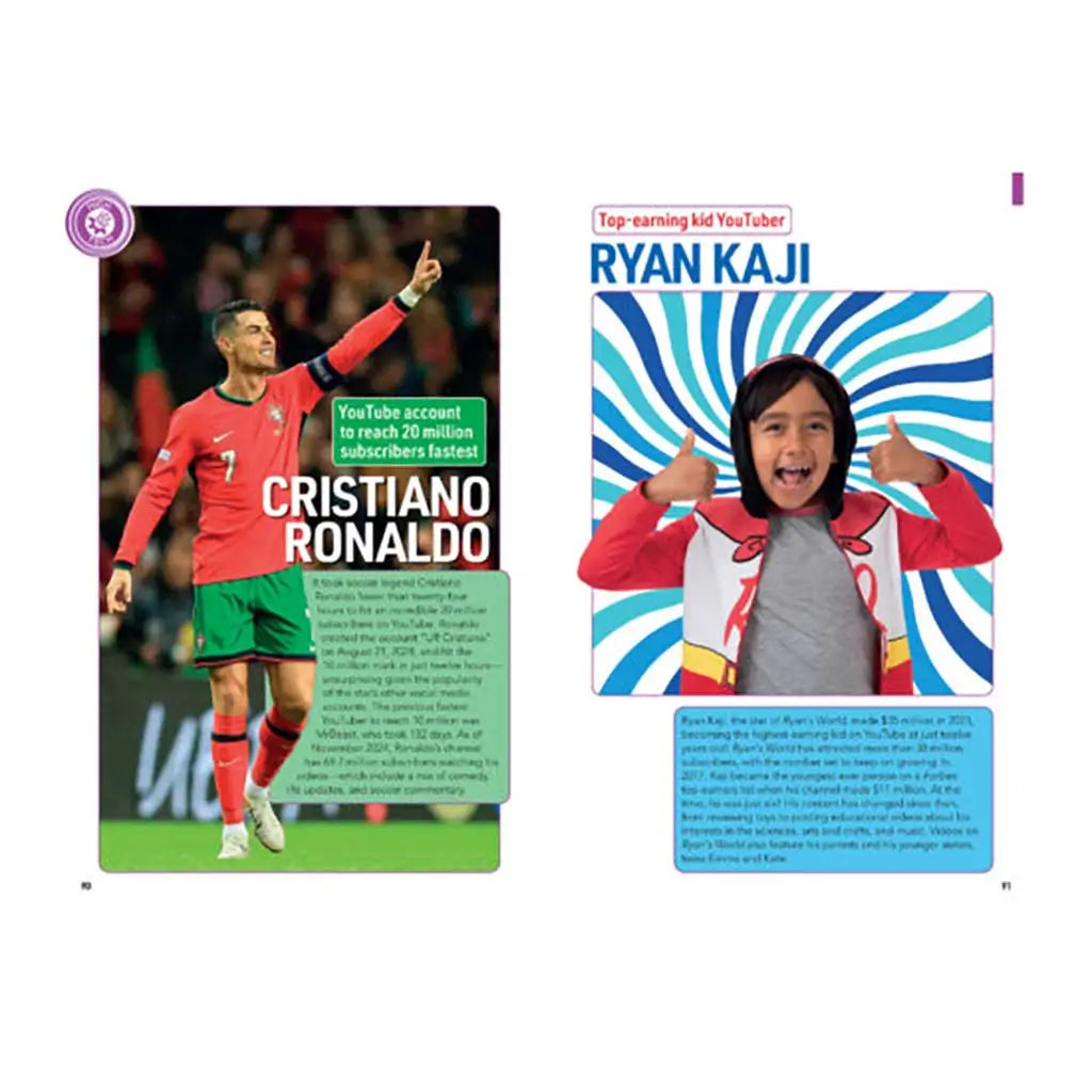Sports-and-media record page featuring pro soccer player in red kit celebrating on field next to young video creator posing before blue spiral backdrop, with text blocks detailing milestones.