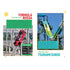 Amusement-park records spread with red high-speed roller coaster train racing along steel track on left and towering green-and-blue water coaster slide structure dropping riders on right.
