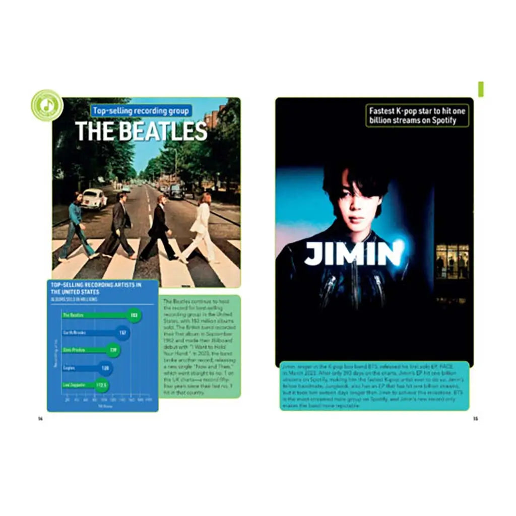 Music-record page showing four suited figures crossing striped city crosswalk on left and dark neon portrait of solo performer on right, both framed by charts and notes about streaming achievements.