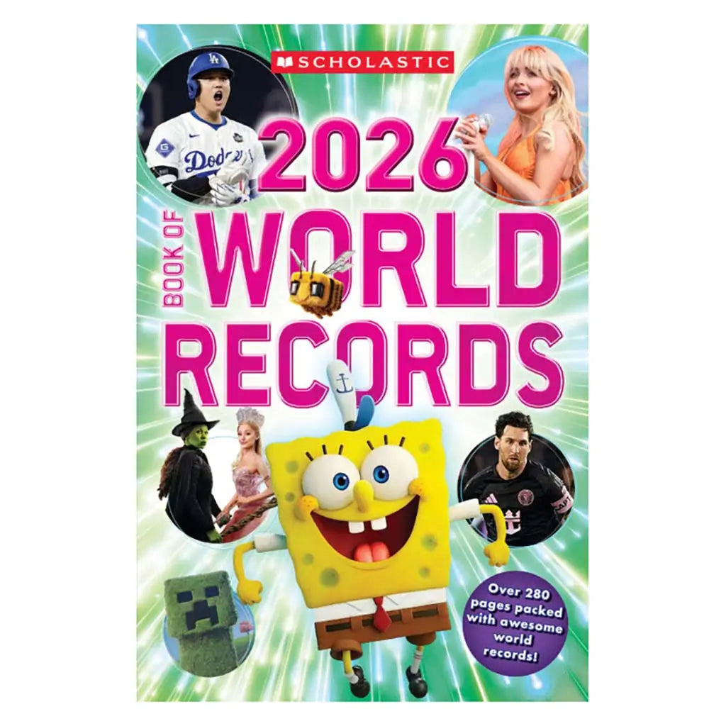 World records book cover showing bright green burst background with glossy paper design featuring cartoon sponge figure and various pop-culture scenes arranged around bold pink title text.