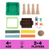 Complete contents of Sink N’ Sand board game displayed neatly, including jungle frame, columns, sticks, explorers, sand, ruby gem, die, and instruction sheet.