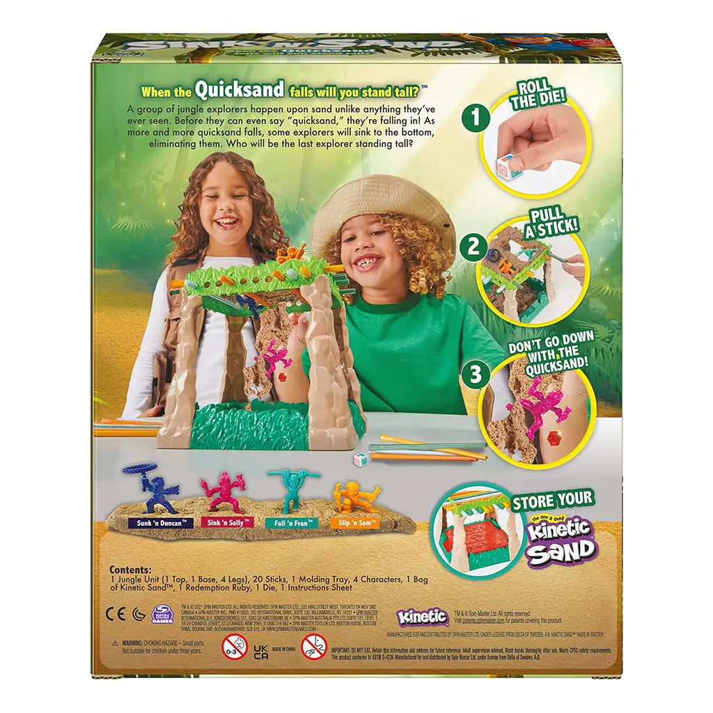 Back of Sink N’ Sand game box showing children playing with jungle sand structure, illustrated instructions, and details about explorer characters and gameplay steps.