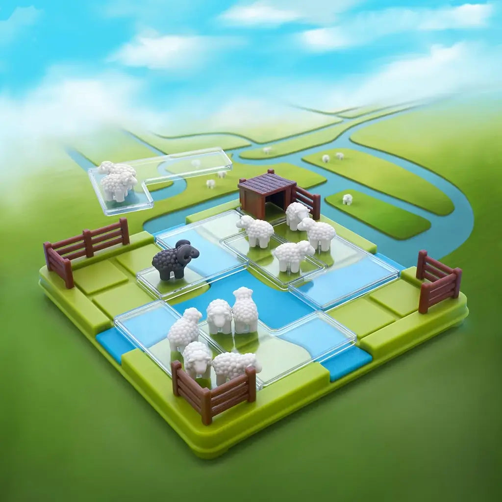 Colorful farm-themed puzzle board with green squares, blue rivers, fences, and sheep figures, styled against a bright landscape background with winding fields and sky.