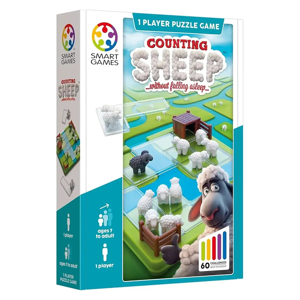 Smart Games Counting Sheep puzzle box with colorful graphics, showing the single-player logic game board filled with white sheep figures and a playful cartoon sheep.