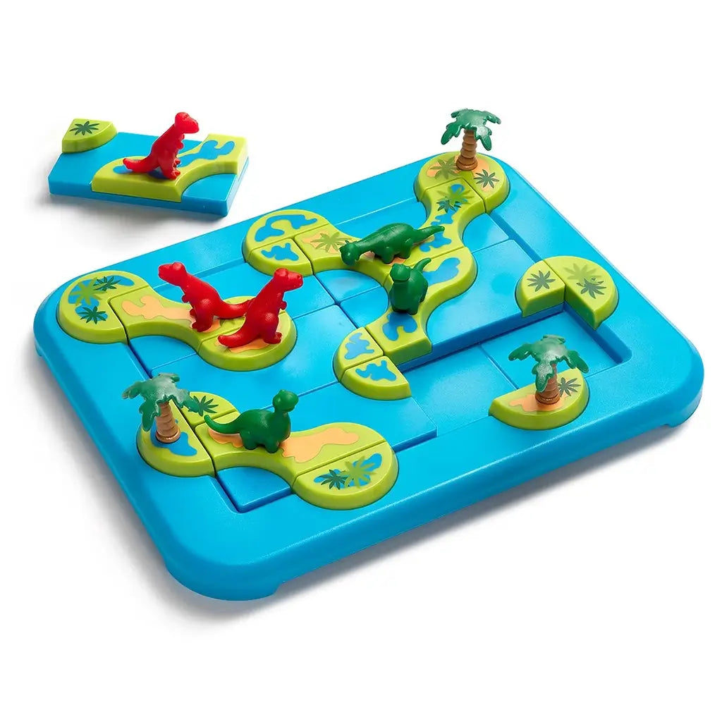 Smart Games Dinosaurs Mystic Islands puzzle board displayed with red and green dinosaurs on interlocking island tiles, showing palm trees and open slots for rearranging pieces.