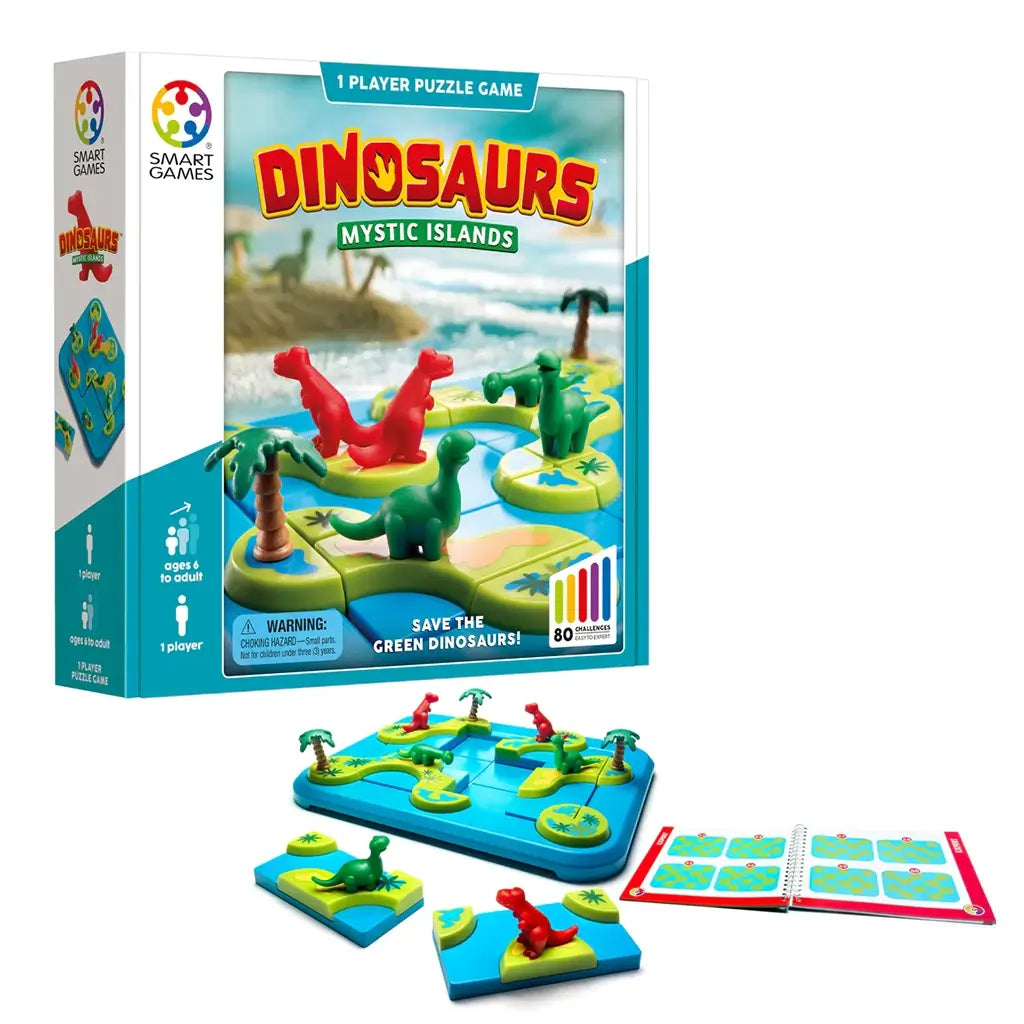 Smart Games Dinosaurs Mystic Islands packaging shows puzzle pieces with green and red dinosaurs on island tiles, featuring 80 challenges and designed for one player ages six and up.