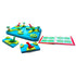 Smart Games Dinosaurs Mystic Islands puzzle set includes blue board with dinosaur island tiles, red and green dinosaur figures, palm tree pieces, and illustrated challenge booklet.