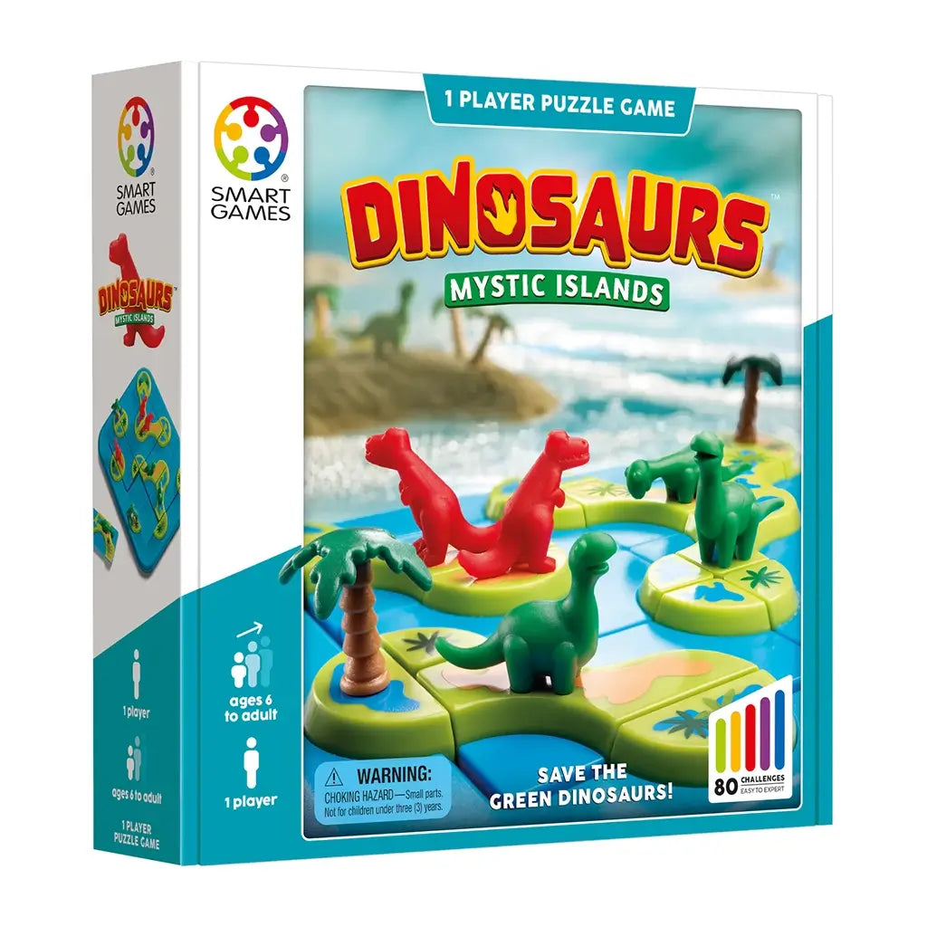 Box of Smart Games Dinosaurs Mystic Islands puzzle with red and green dinosaur figures on bright island tiles, promoting 80 challenges for one player, ages six to adult.
