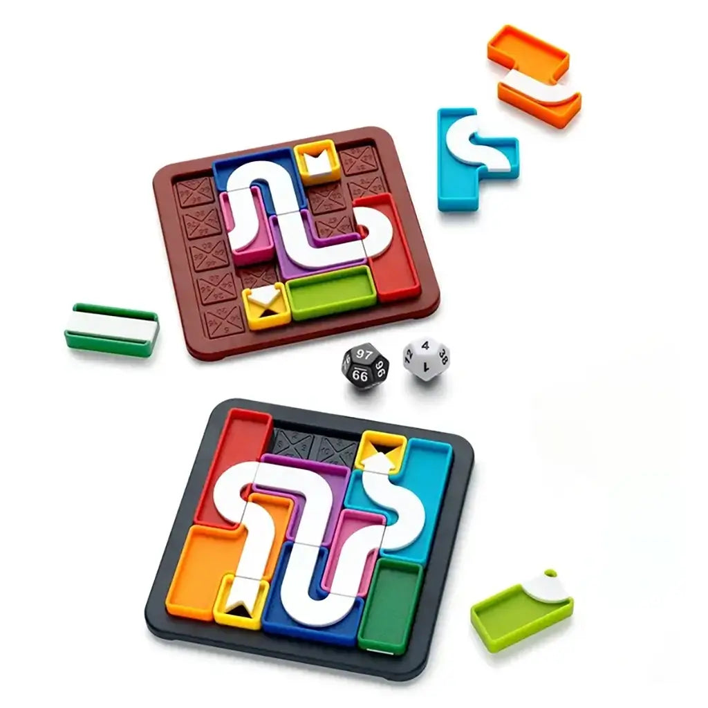Genius Connection game components include multicolored puzzle boards, curved and straight path tiles, dice, and player pieces, encouraging problem-solving, speed, and flexible thinking for ages 8+.