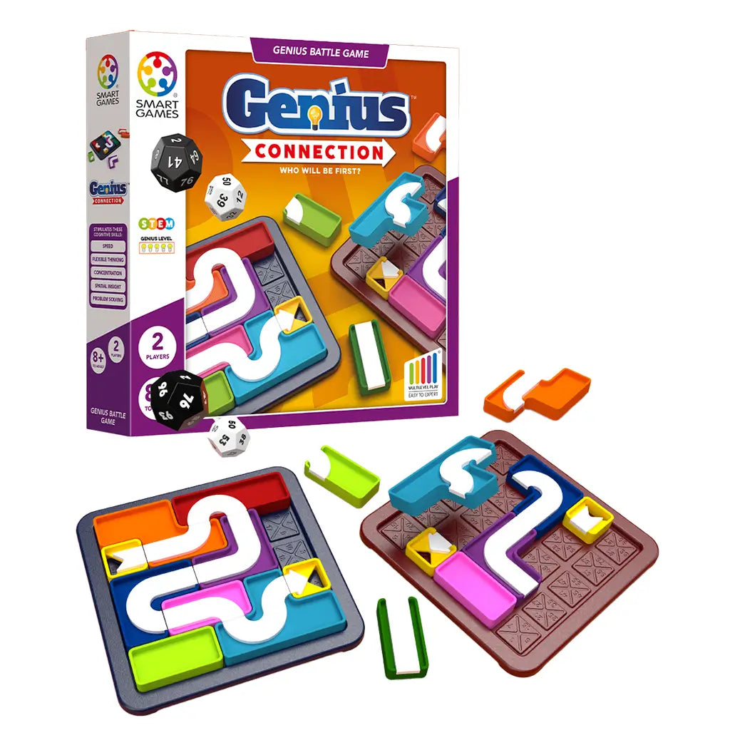 Genius Connection brainteaser set displays two game boards with interlocking plastic path pieces, dice, and vibrant tokens, designed for logic puzzles, spatial thinking, and two-player challenges.