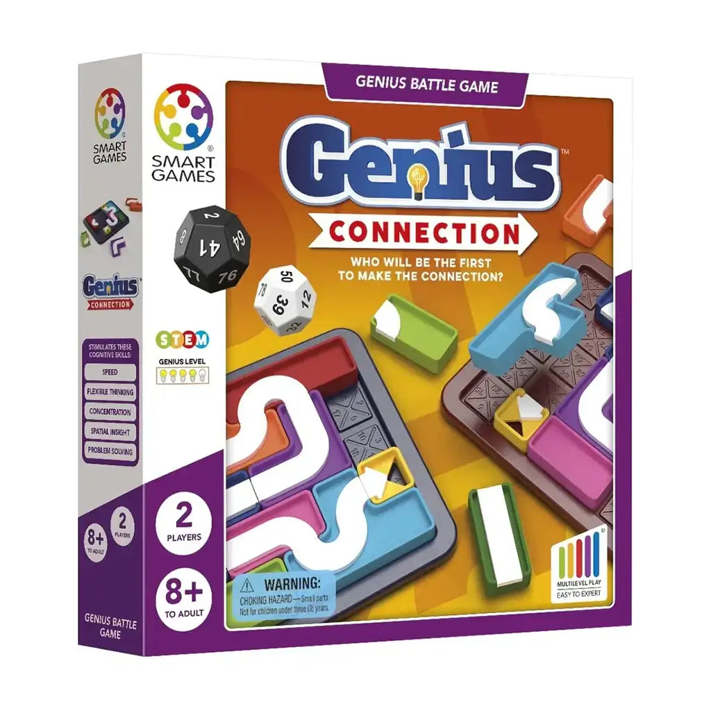 Smart Games Genius Connection puzzle game box shows colorful plastic pieces forming winding white paths on a board, with dice emphasizing strategy, STEM learning, and competitive play.